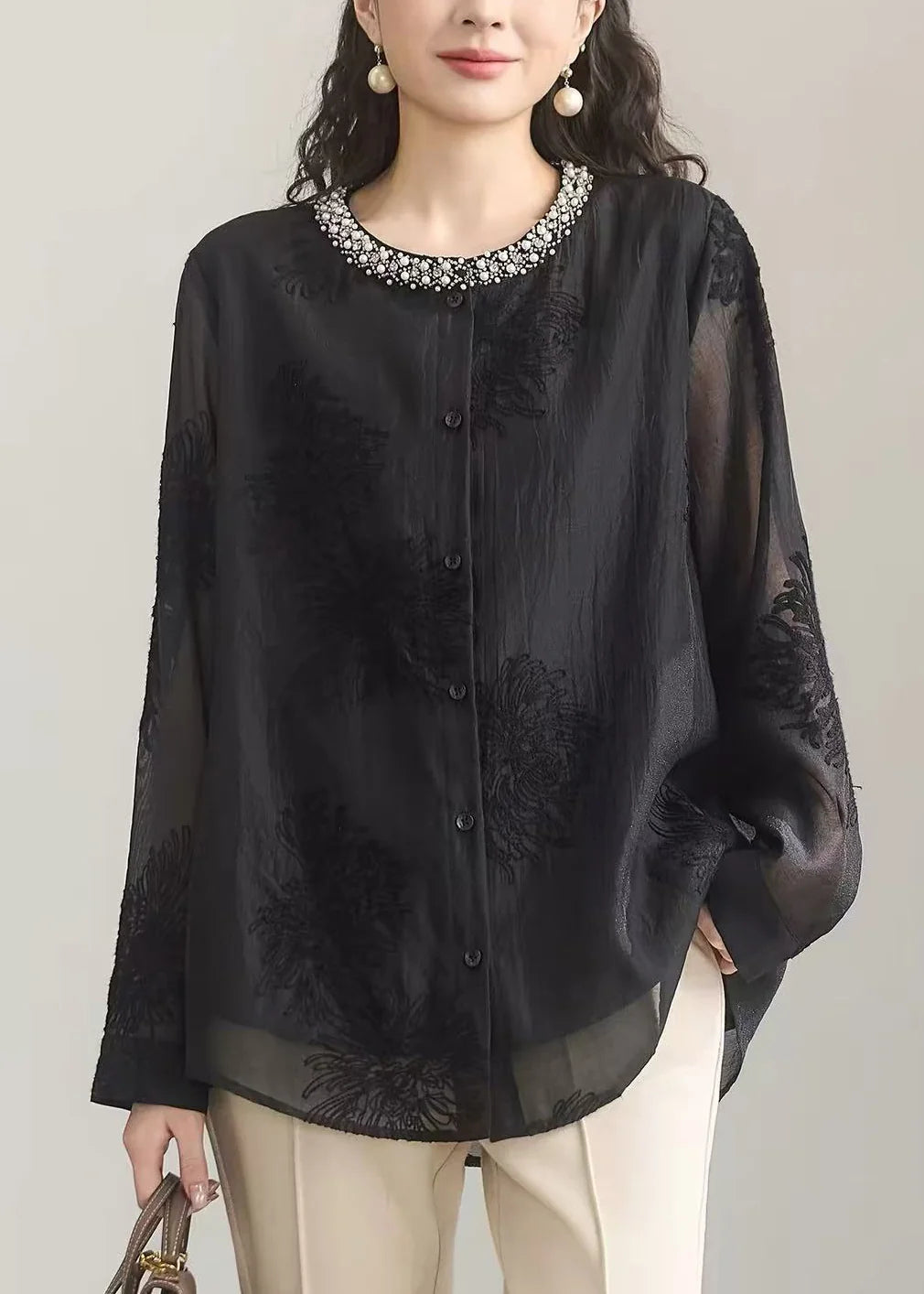 Chemise Femme Col Rond Brodée Style Automnal 1