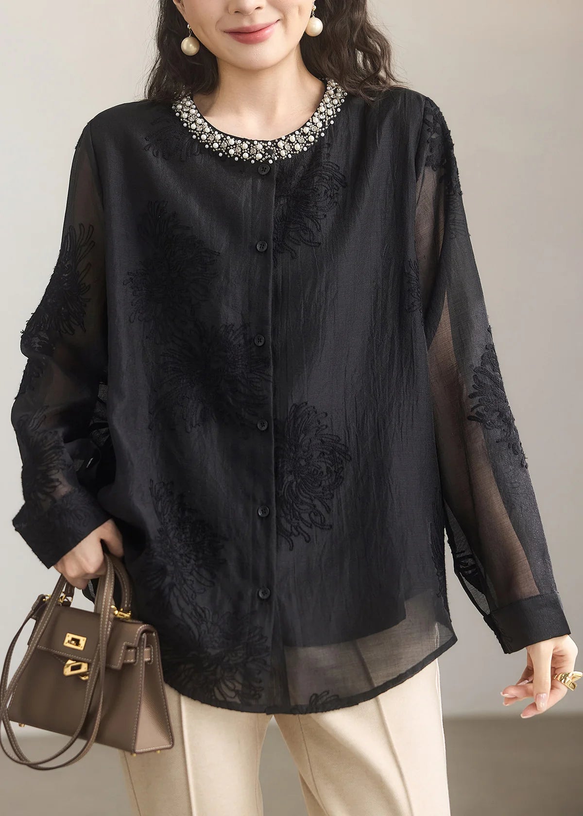 Chemise Femme Col Rond Brodée Style Automnal 2