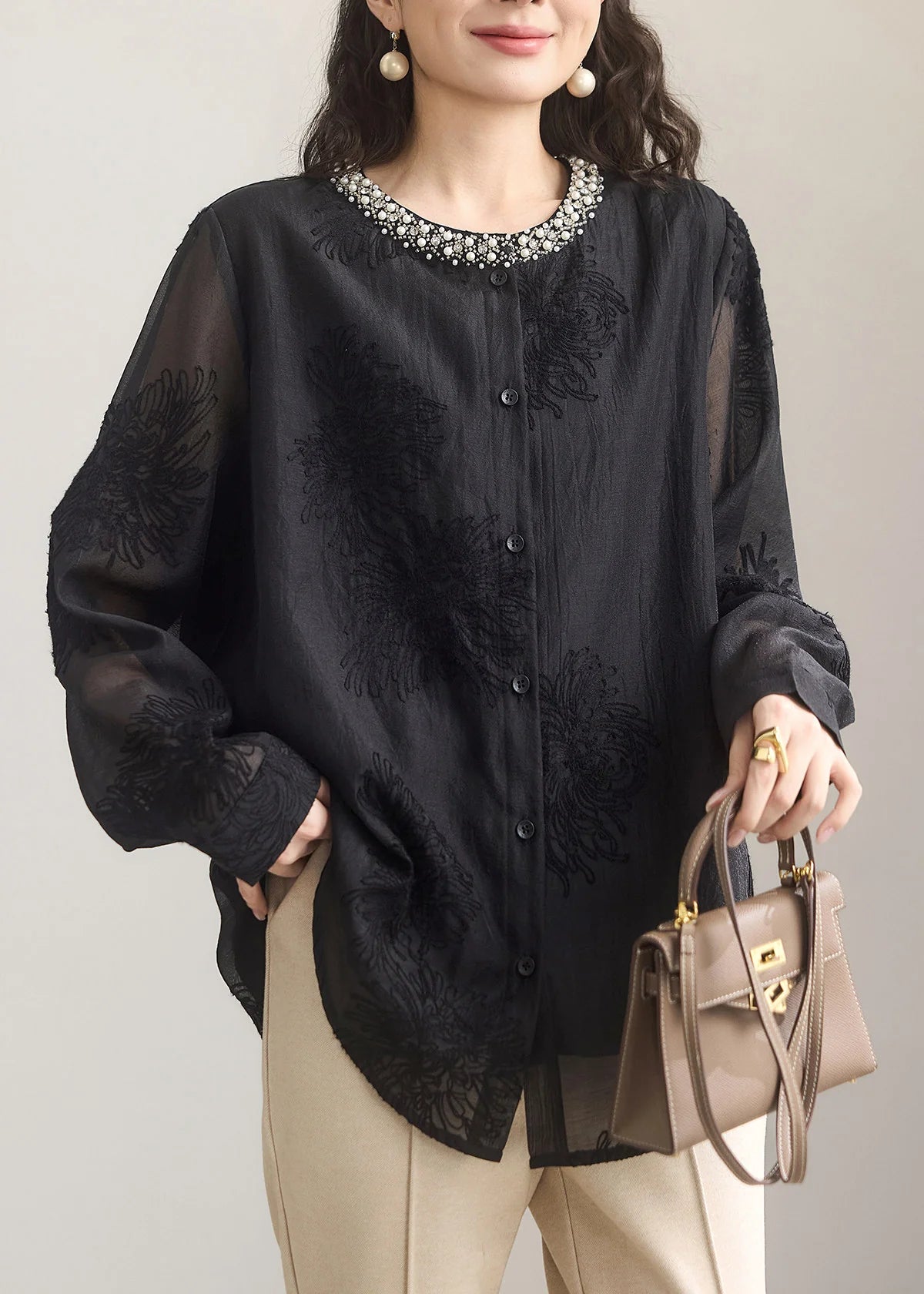 Chemise Femme Col Rond Brodée Style Automnal 3