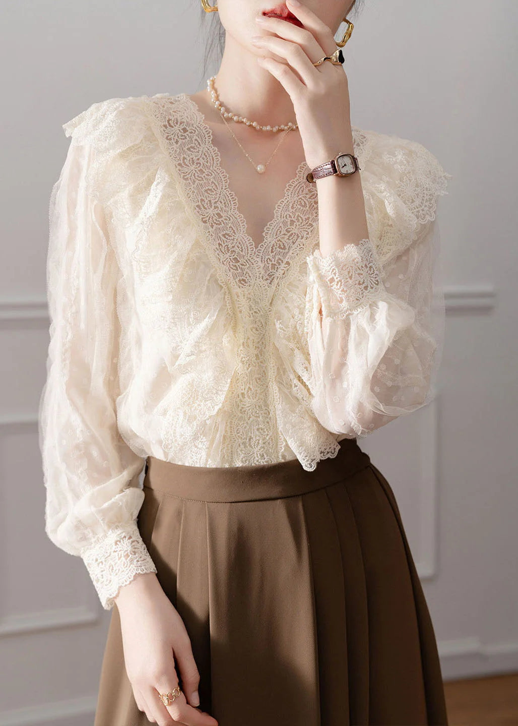 Chemise Femme Col V avec Empiècements en Dentelle Style Automnal 1