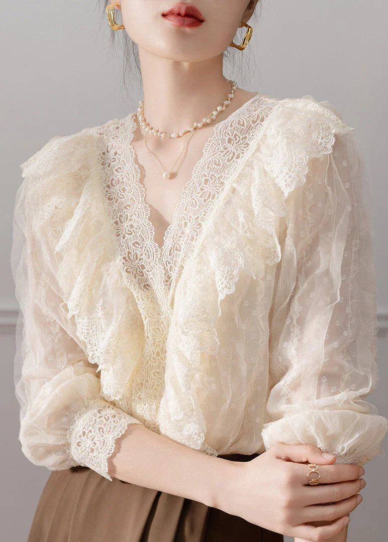 Chemise Femme Col V avec Empiècements en Dentelle Style Automnal 2