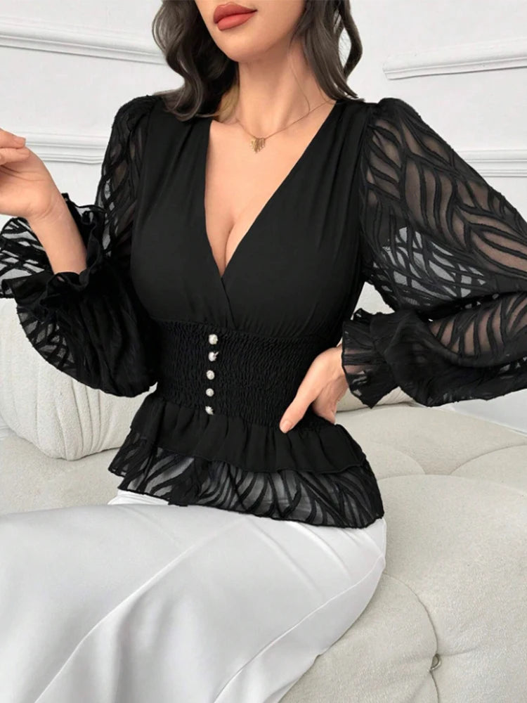 Chemise Femme Col en V avec Manches Lanternes 3