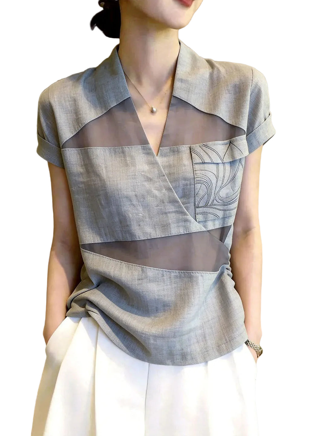 Chemise Femme Décontractée Col V Patchwork Tulle 0
