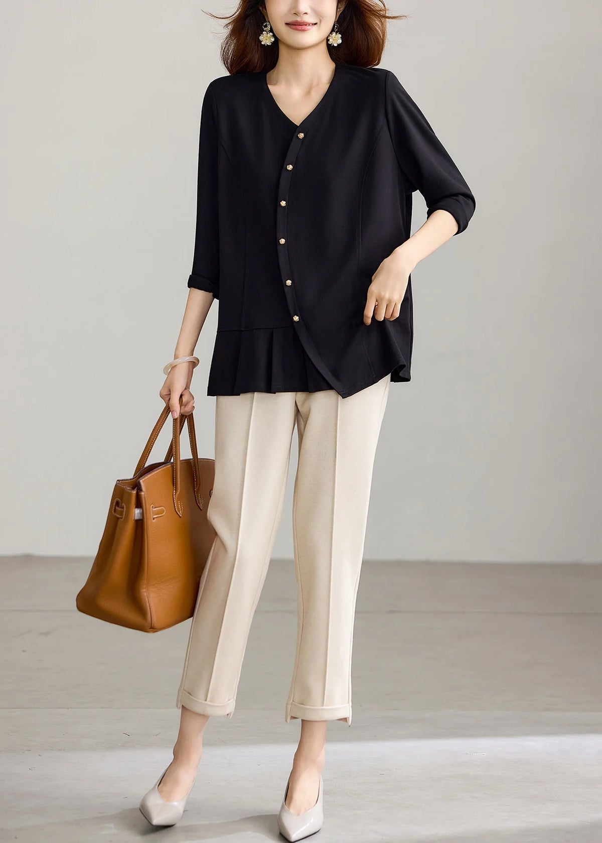 Chemise Femme Décontractée Col V Plissée Manches Longues 2