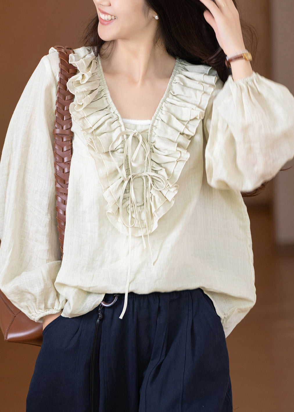 Chemise Femme Décontractée à Volants Col V Patchwork 1