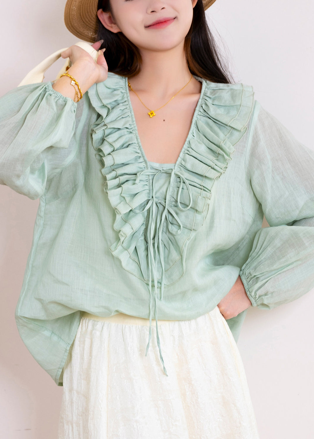 Chemise Femme Décontractée à Volants Col V Patchwork 3