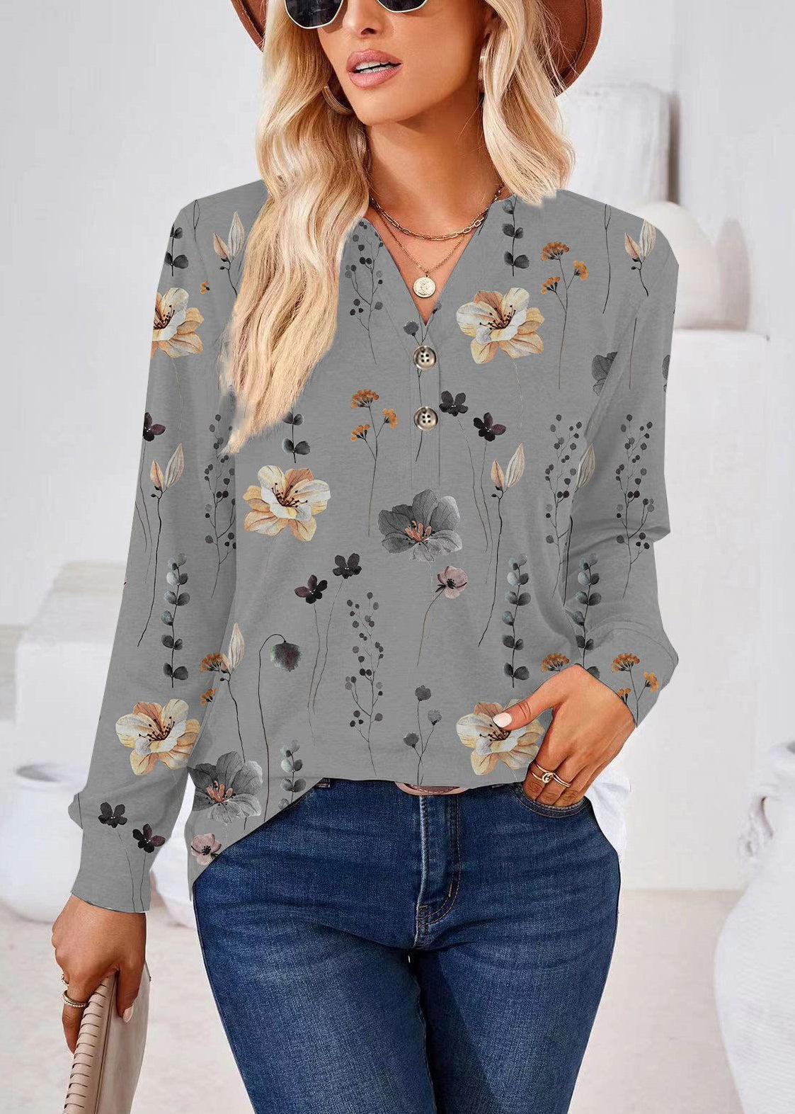 Chemise Femme Grande Taille Imprimée Col V Automne 2