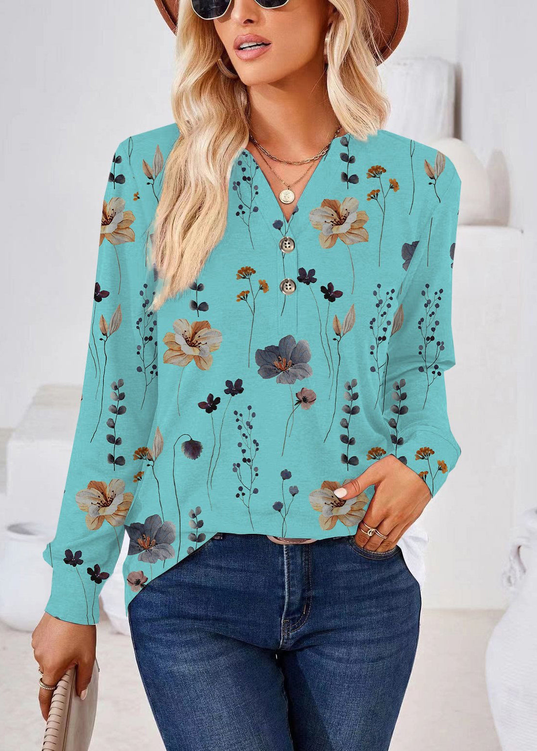Chemise Femme Grande Taille Imprimée Col V Automne 3