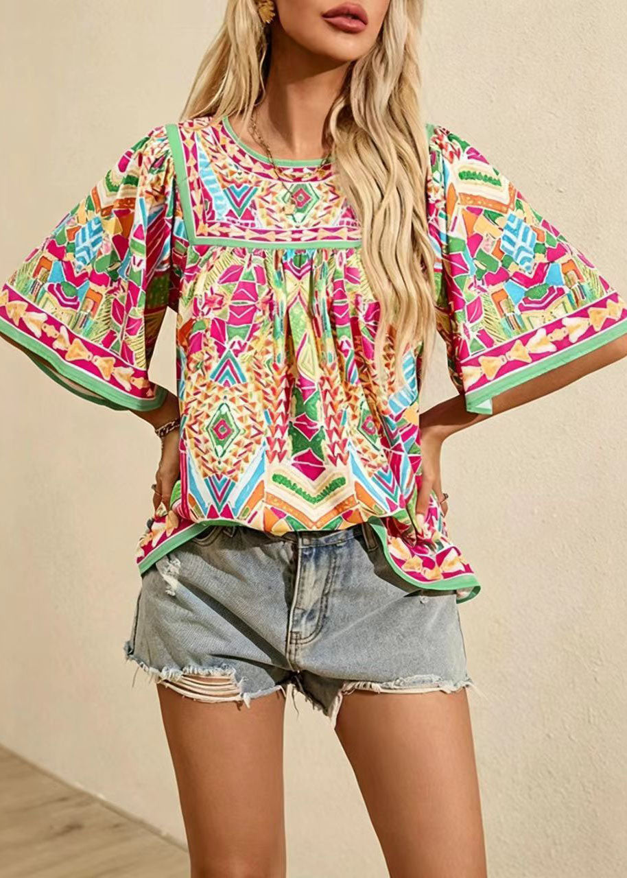 Chemise Femme Imprimé Froissé Col Rond Style Estival 1
