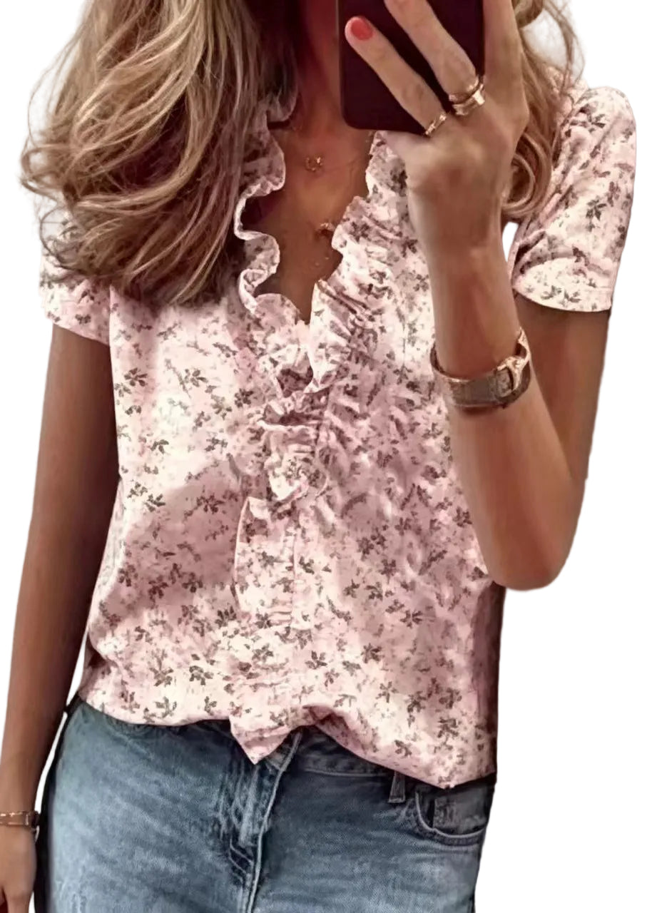 Chemise Femme Imprimée à Volants Manches Courtes 0