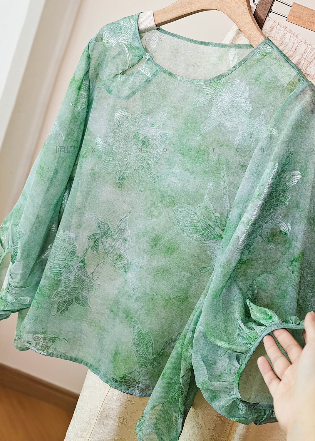 Chemise Femme Jacquard Col Rond Manches Lanterne 3