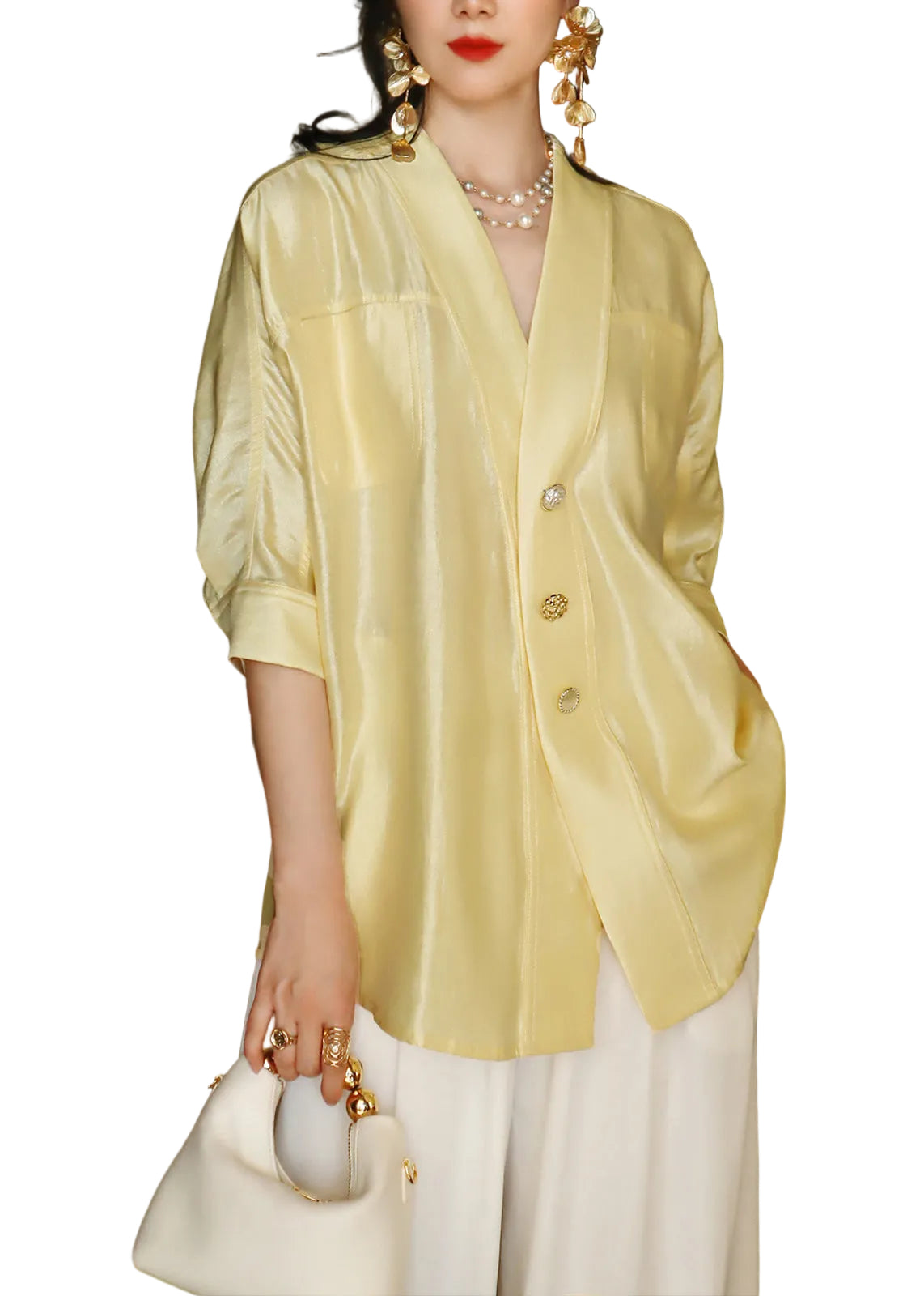 Chemise Femme Manches Courtes Col V Boutonnée Style Estival 0
