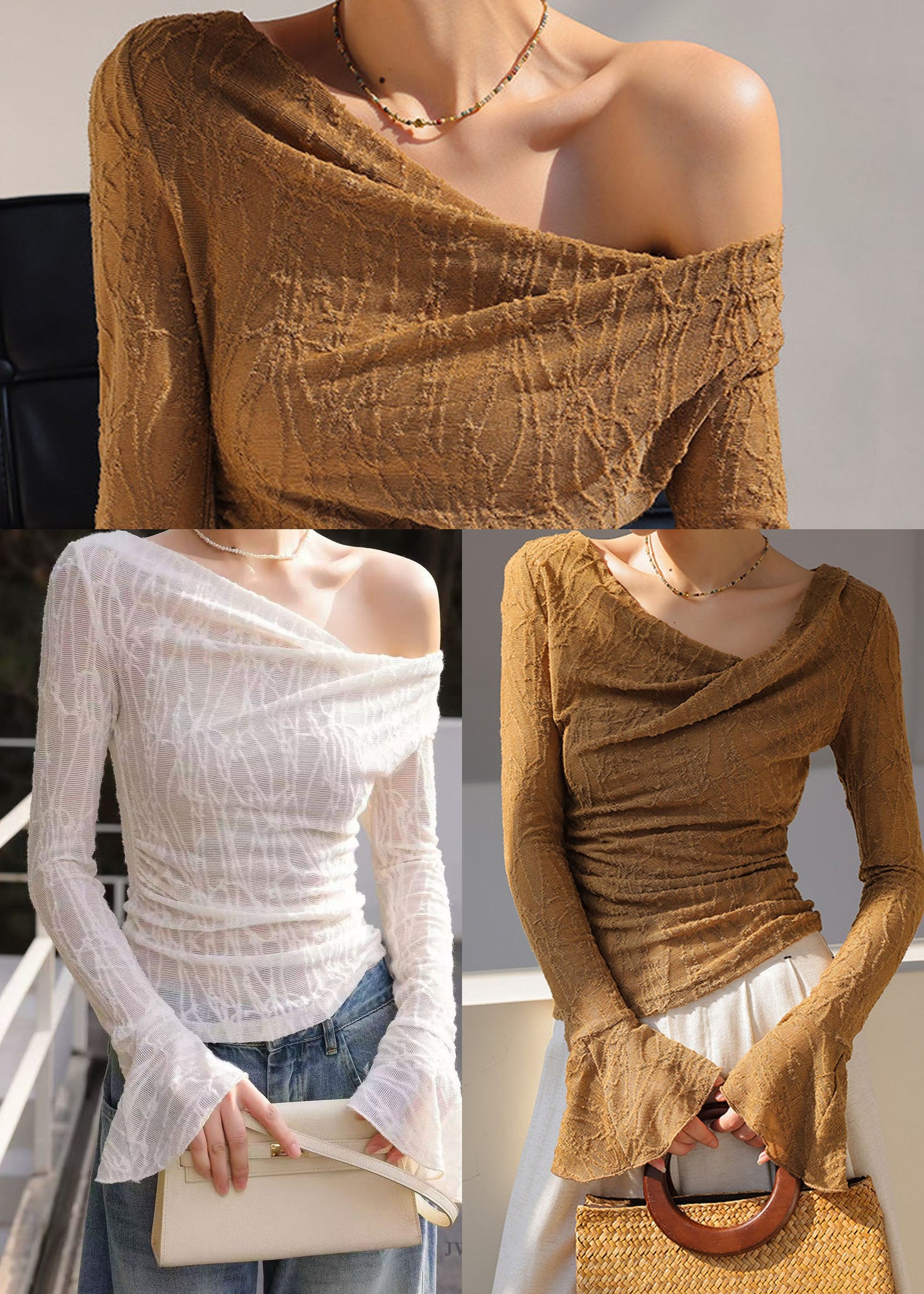 Chemise Femme Manches Évasées Asymétriques Style Jacquard 4