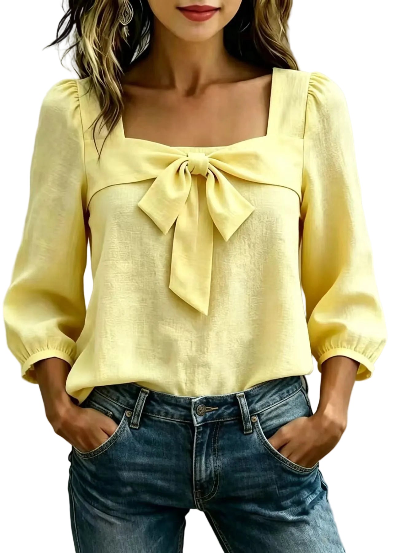 Chemise Femme Manches Longues Col Carré Noué Style Décontracté 0
