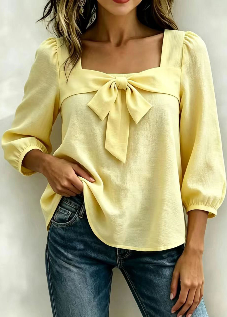 Chemise Femme Manches Longues Col Carré Noué Style Décontracté 1