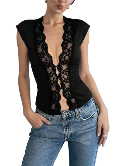 Chemise Femme Patchwork Dentelle Boutons Noirs 0