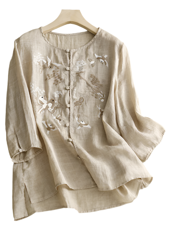 Chemise Femme Rétro En Lin À Broderie Col Rond 0