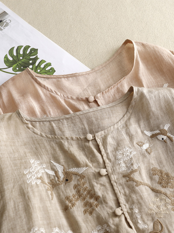 Chemise Femme Rétro En Lin À Broderie Col Rond 1