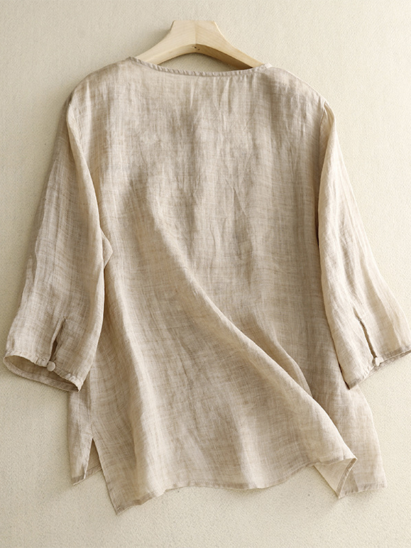 Chemise Femme Rétro En Lin À Broderie Col Rond 2