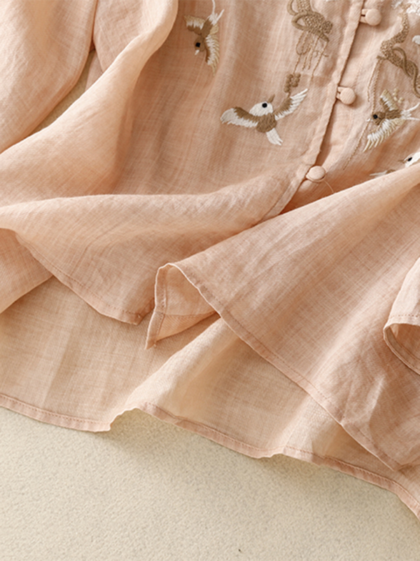 Chemise Femme Rétro En Lin À Broderie Col Rond 3