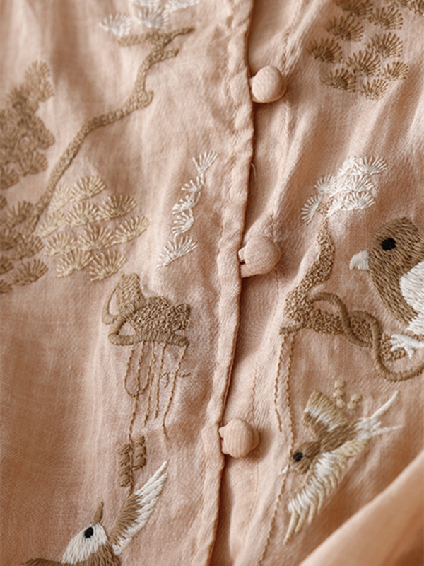 Chemise Femme Rétro En Lin À Broderie Col Rond 5