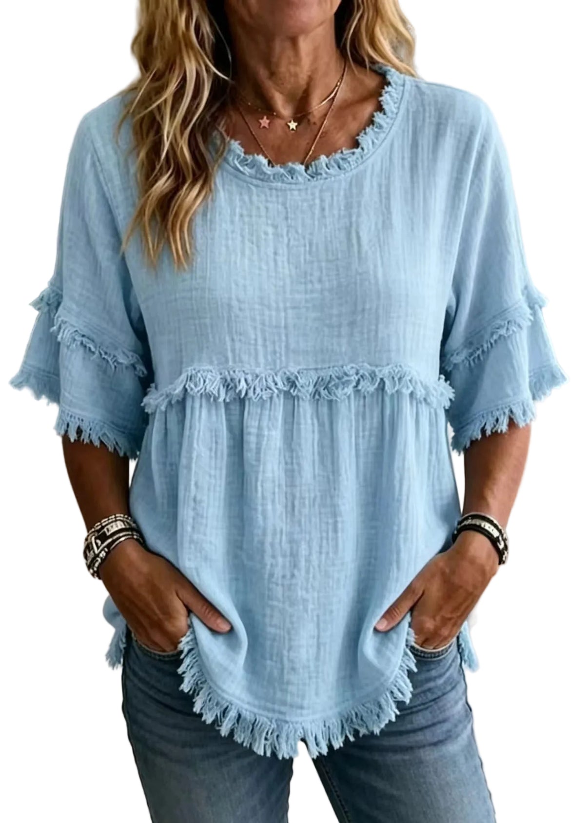 Chemise Femme Style Bohème à Col Rond et Manches Mi-Longues 0