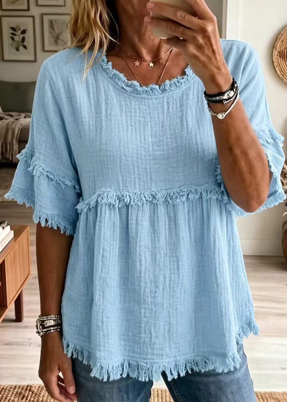 Chemise Femme Style Bohème à Col Rond et Manches Mi-Longues 1
