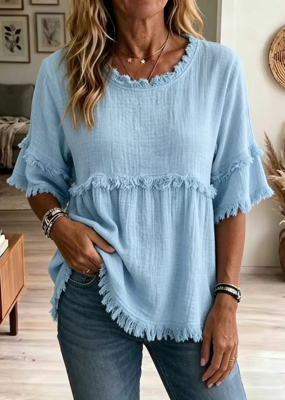 Chemise Femme Style Bohème à Col Rond et Manches Mi-Longues 2