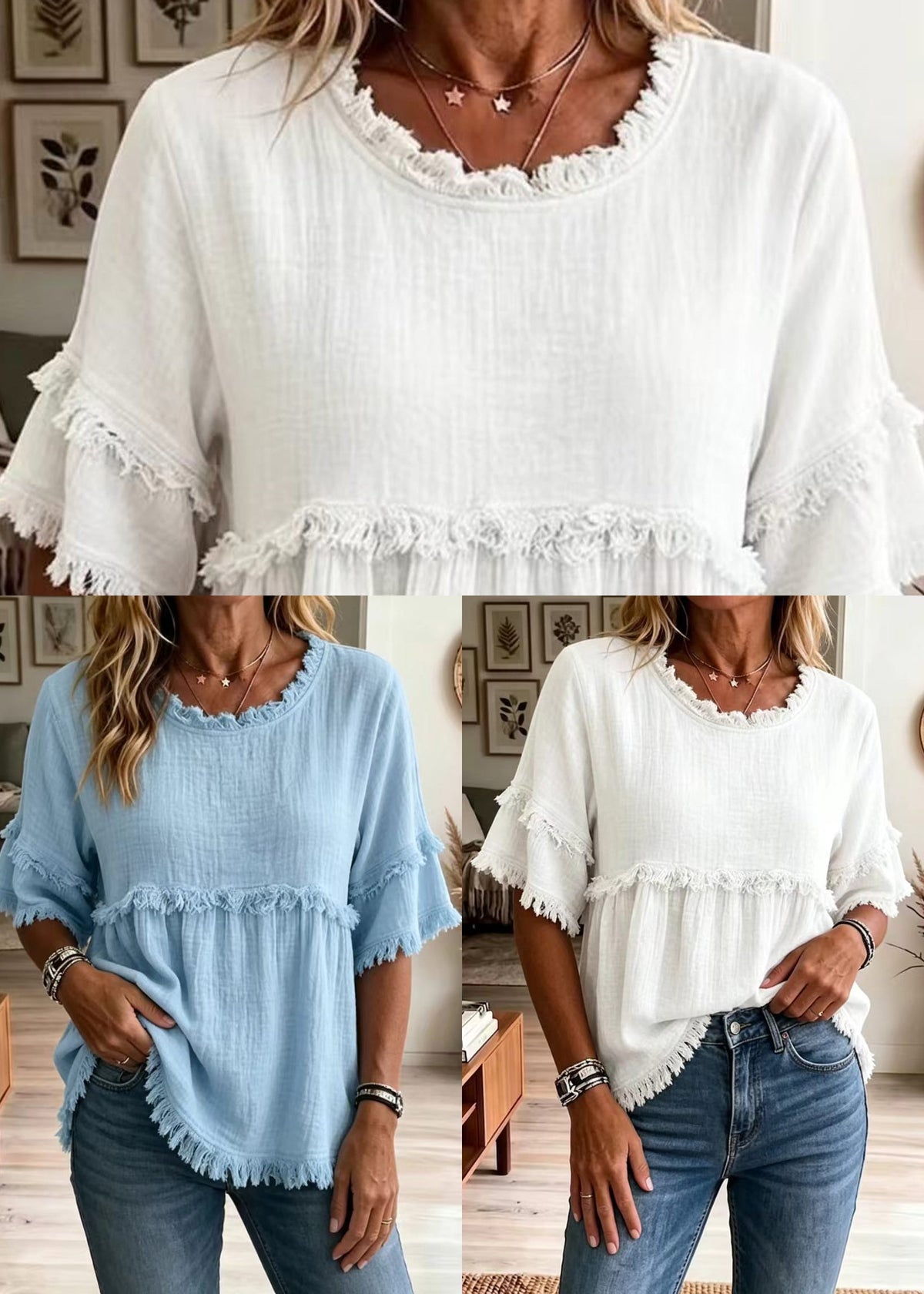 Chemise Femme Style Bohème à Col Rond et Manches Mi-Longues 4