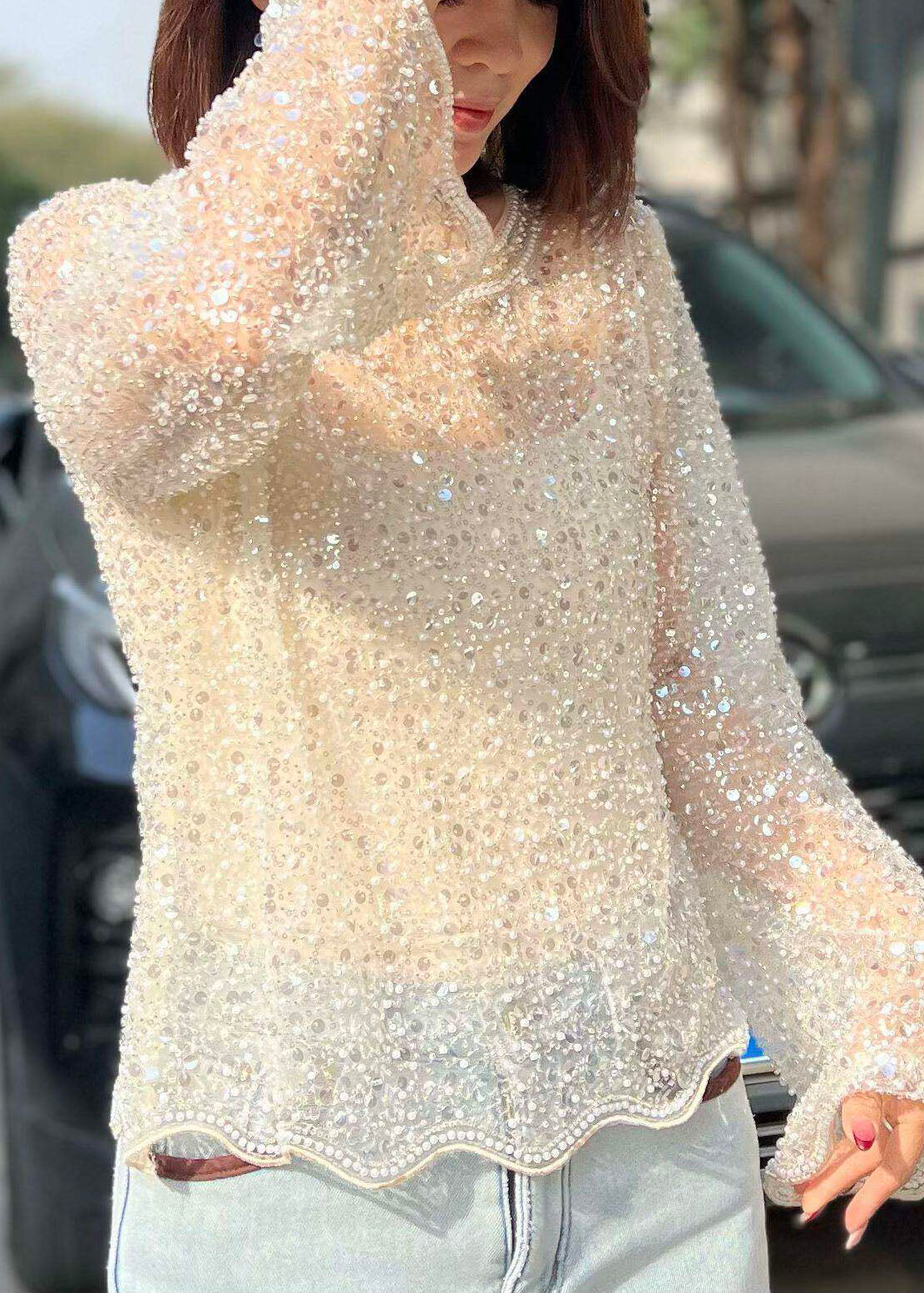 Chemise Femme Tulle à Paillettes Manches Évasées 2