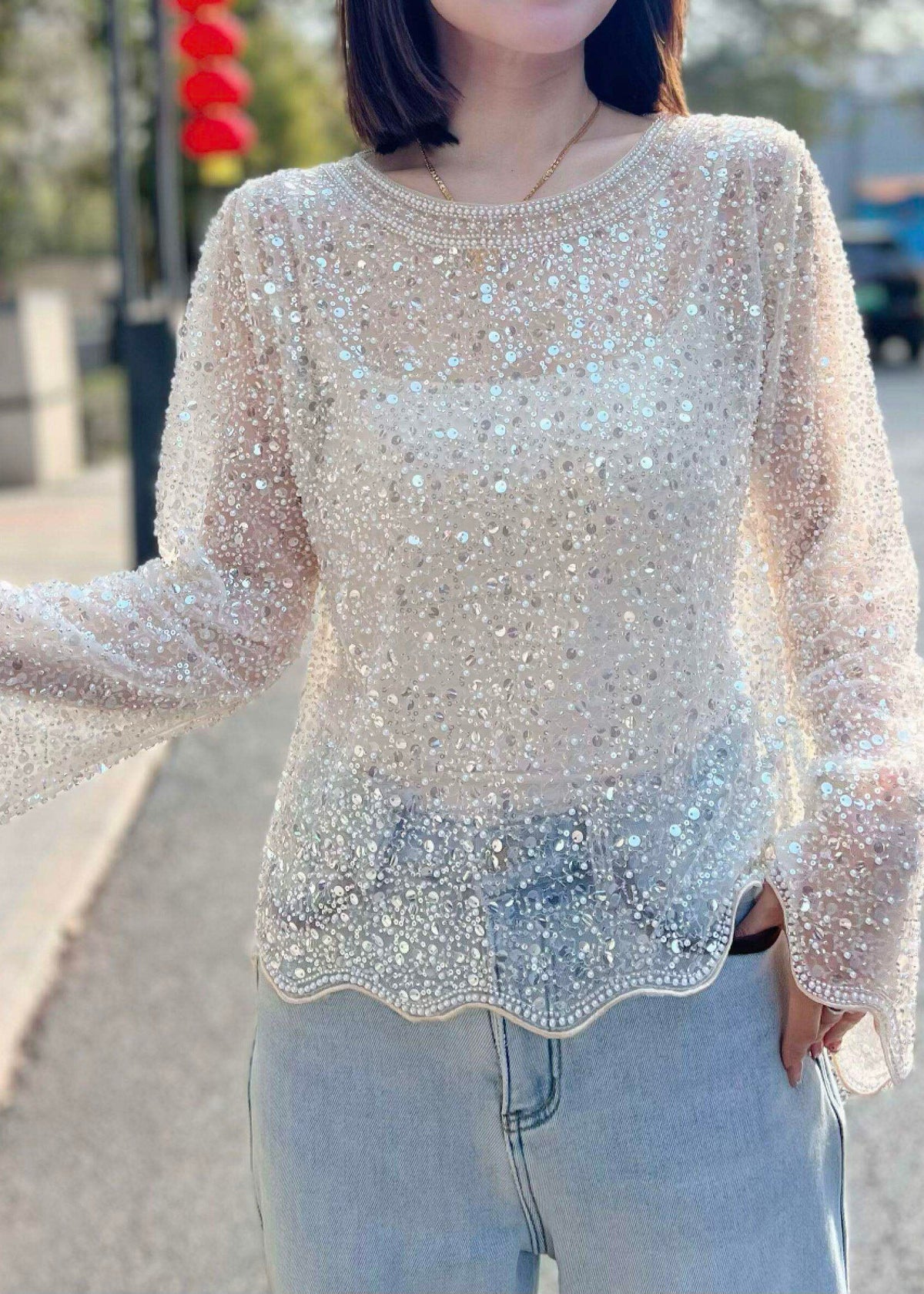 Chemise Femme Tulle à Paillettes Manches Évasées 3