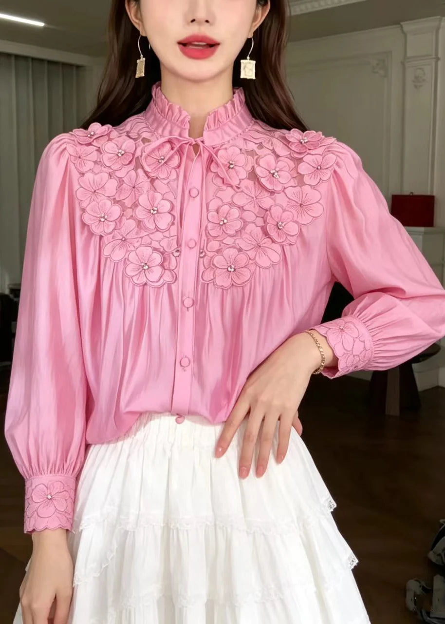 Chemise Femme à Col Montant avec Volants et Lacets Motif Floral 2