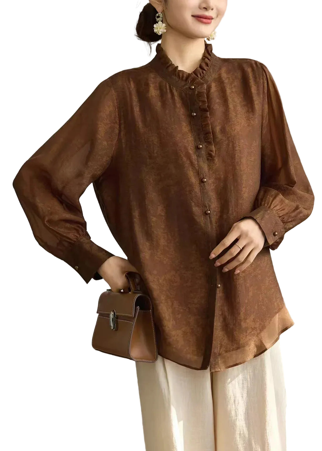 Chemise Femme à Col Montant et Volants Manches Longues 0