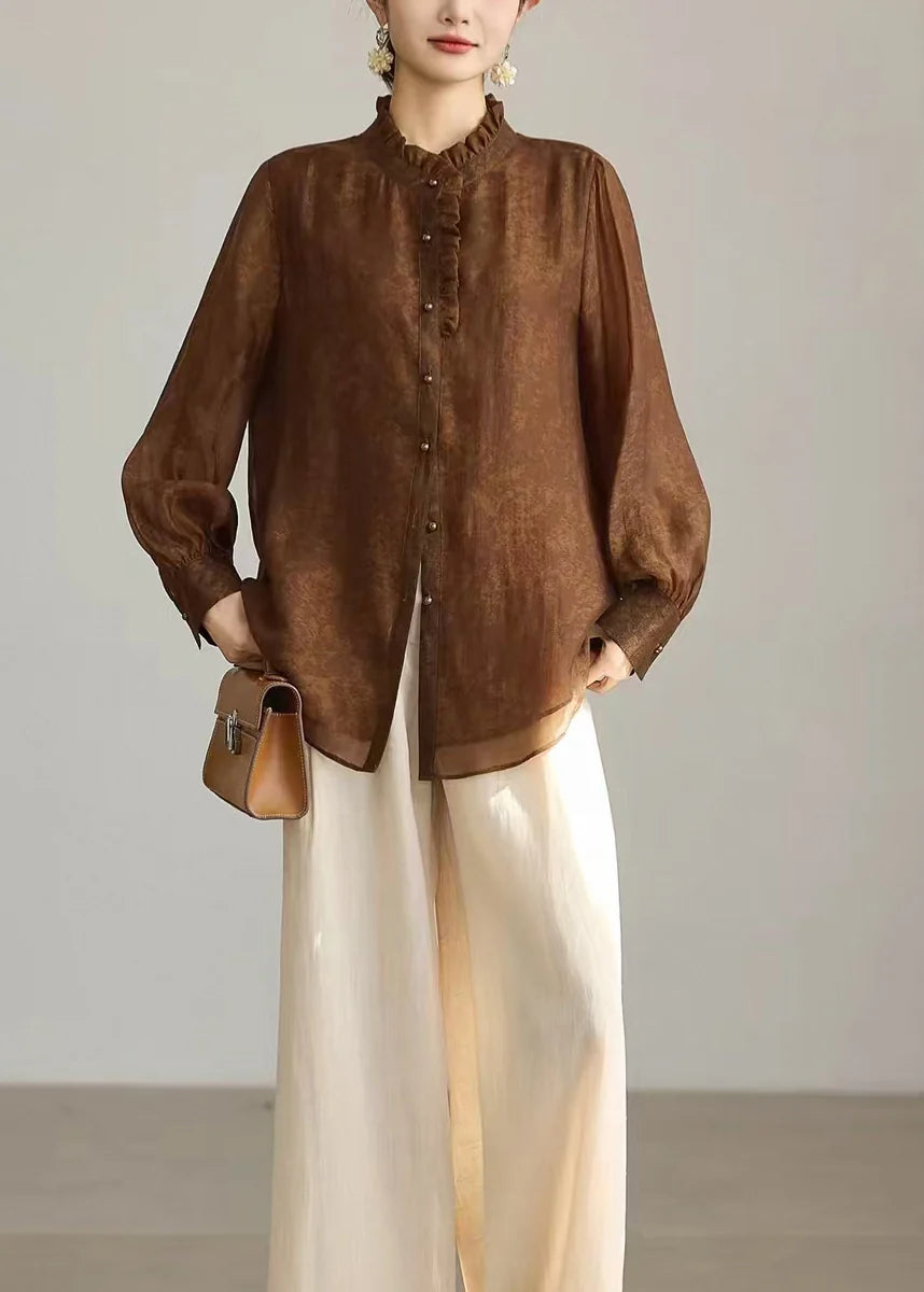 Chemise Femme à Col Montant et Volants Manches Longues 3