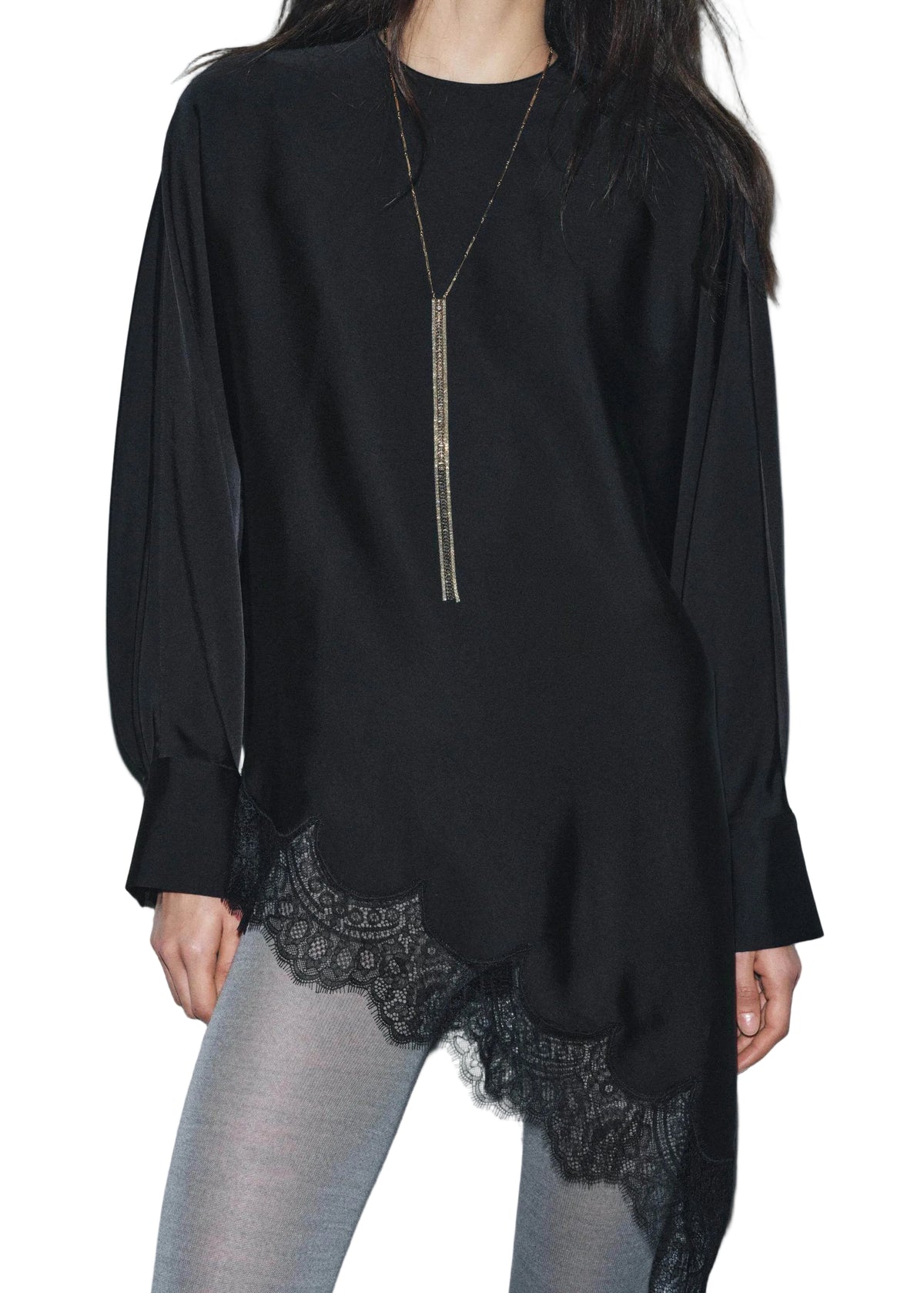 Chemise Femme à Manches Longues Col O Dentelle Asymétrique Patchwork 0