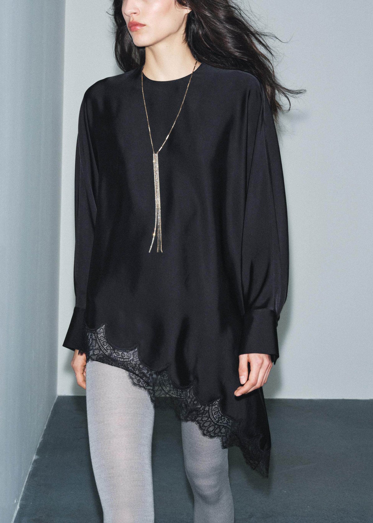 Chemise Femme à Manches Longues Col O Dentelle Asymétrique Patchwork 1