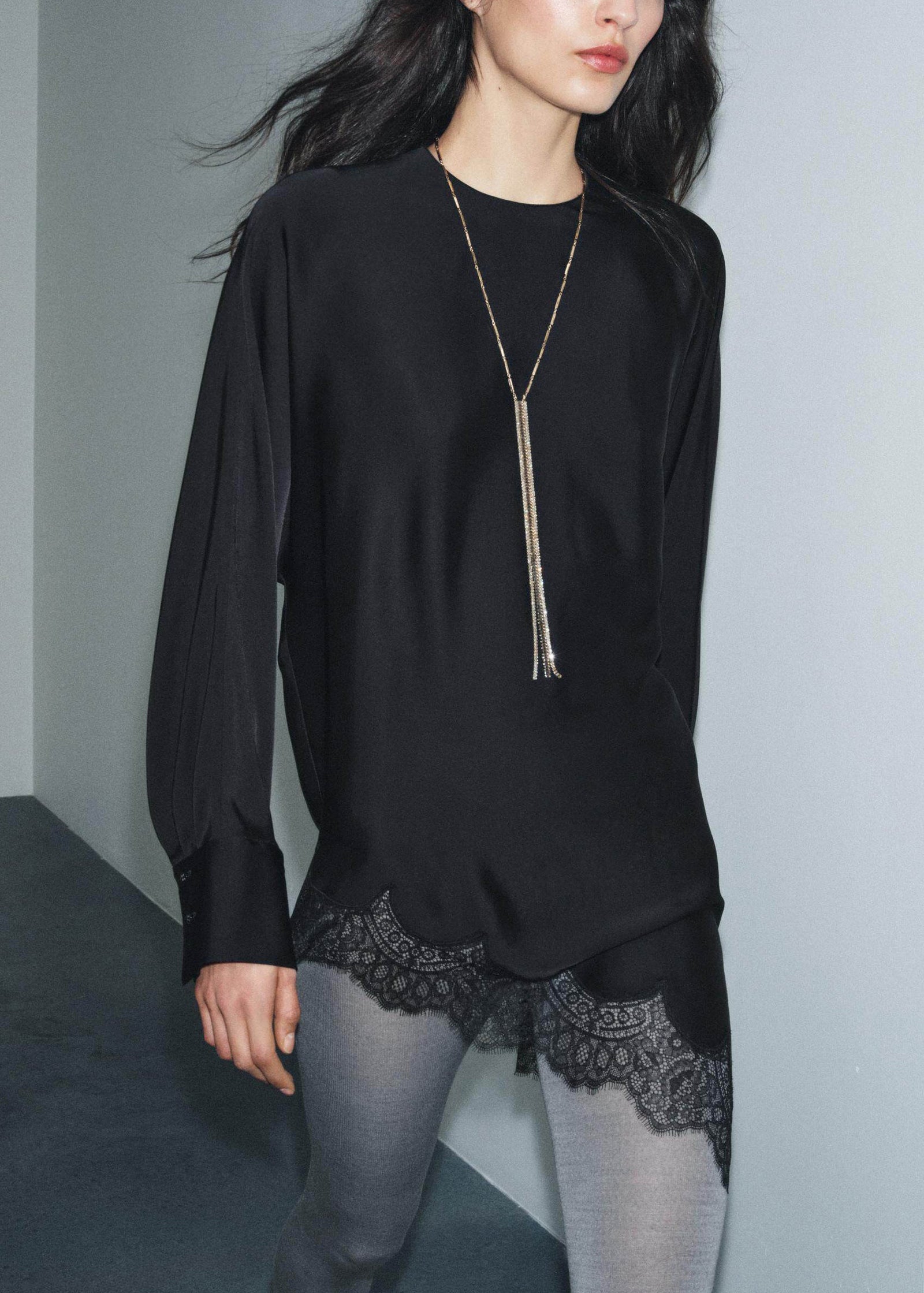 Chemise Femme à Manches Longues Col O Dentelle Asymétrique Patchwork 2