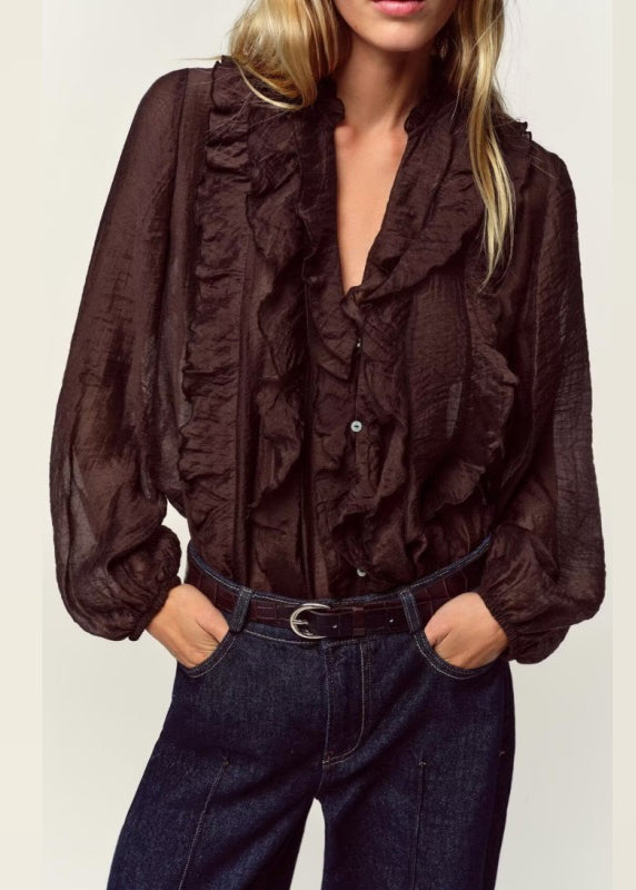 Chemise Femme à Volants Col V Manches Longues 0