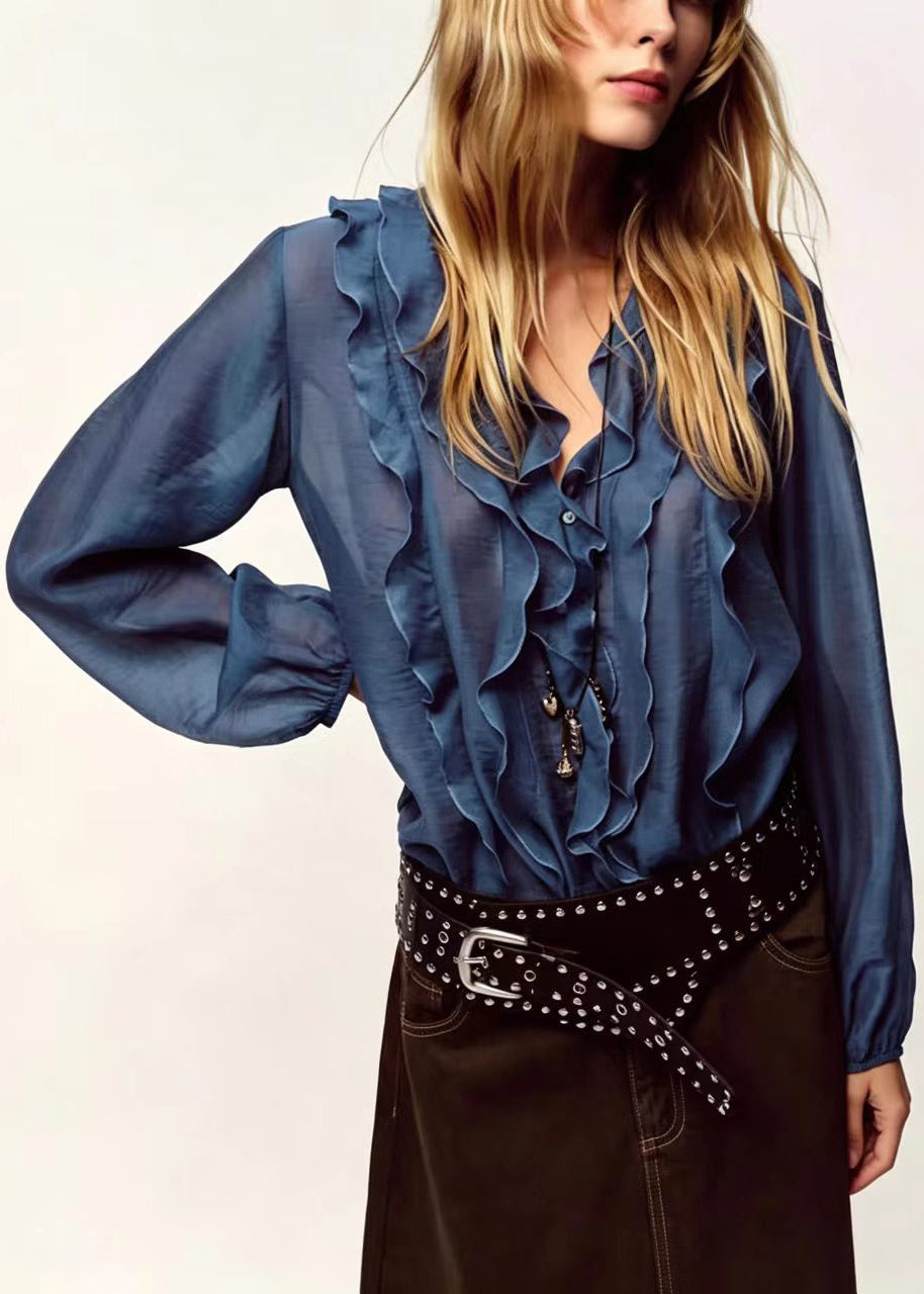 Chemise Femme à Volants Col V Manches Longues 1
