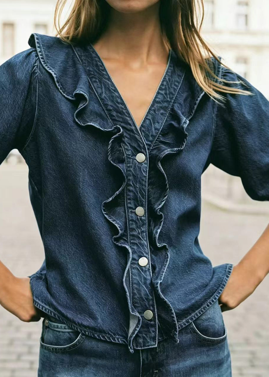 Chemise Femme à Volants Col V Manches Longues 3