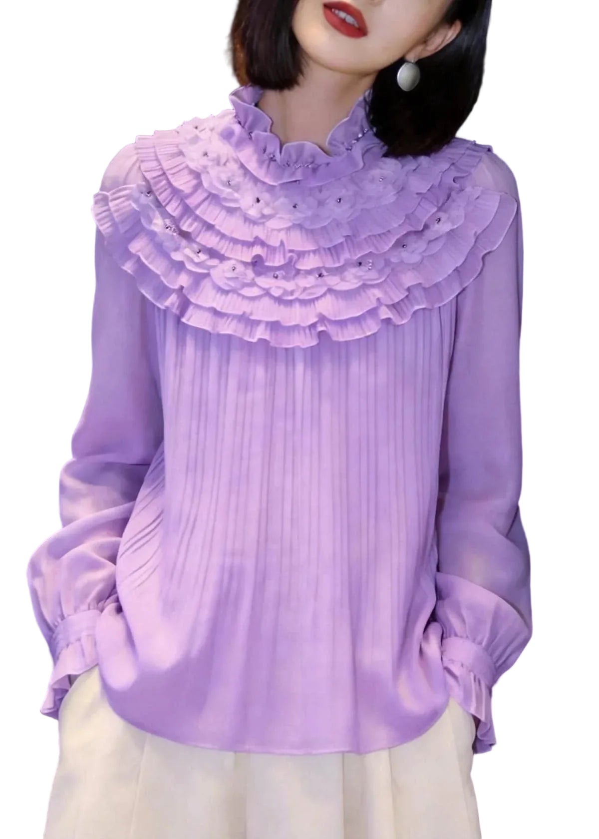 Chemise Femme à Volants Superposés Col Montant 0