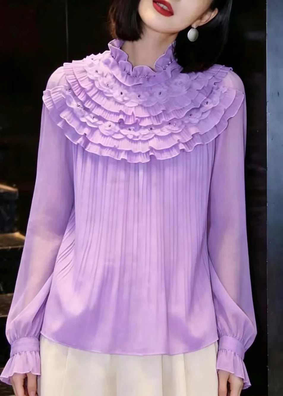 Chemise Femme à Volants Superposés Col Montant 3