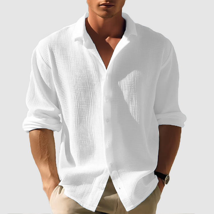 Chemise Homme Casual Unie à Manches Longues avec Revers