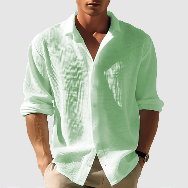 Chemise Homme Casual Unie à Manches Longues avec Revers
