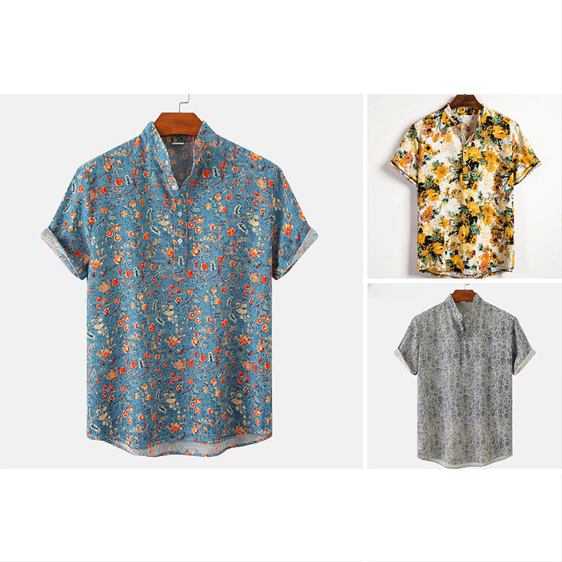 Chemise Homme Col Mao Imprimé Floral Manche Courte Décontractée 3