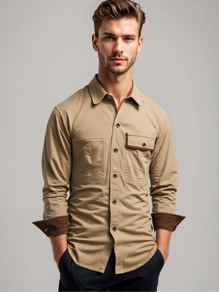 Chemise Homme à Manches Longues Boutonnée Contrastées Tissu Durable 1
