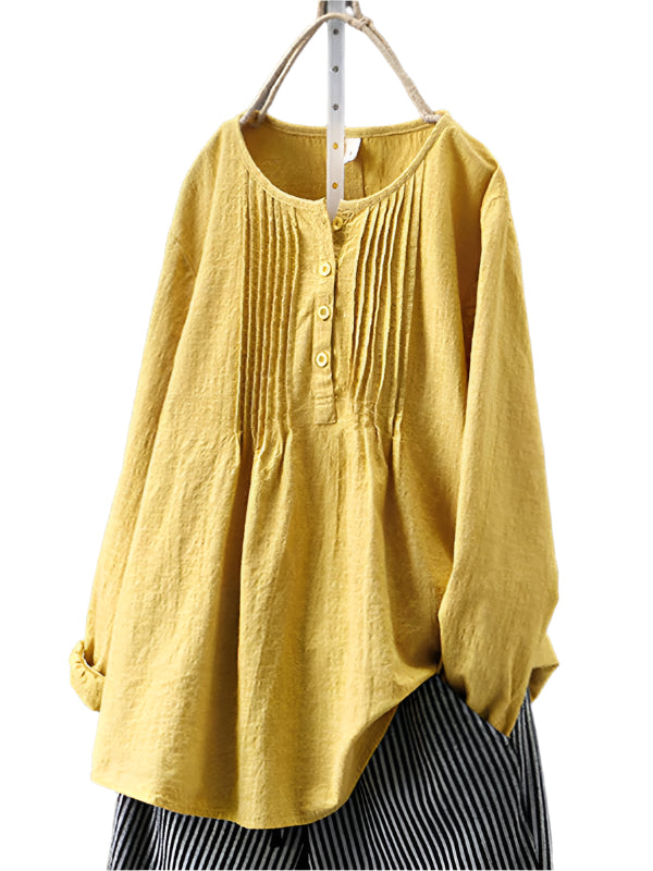 Chemise à Manches Longues en Coton et Lin à Col Rond Plissé pour Femme 0