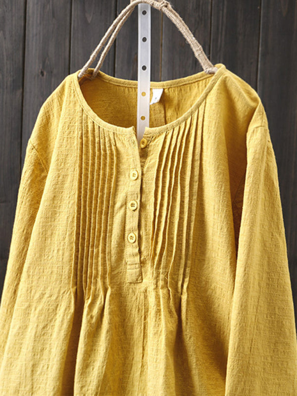 Chemise à Manches Longues en Coton et Lin à Col Rond Plissé pour Femme 1