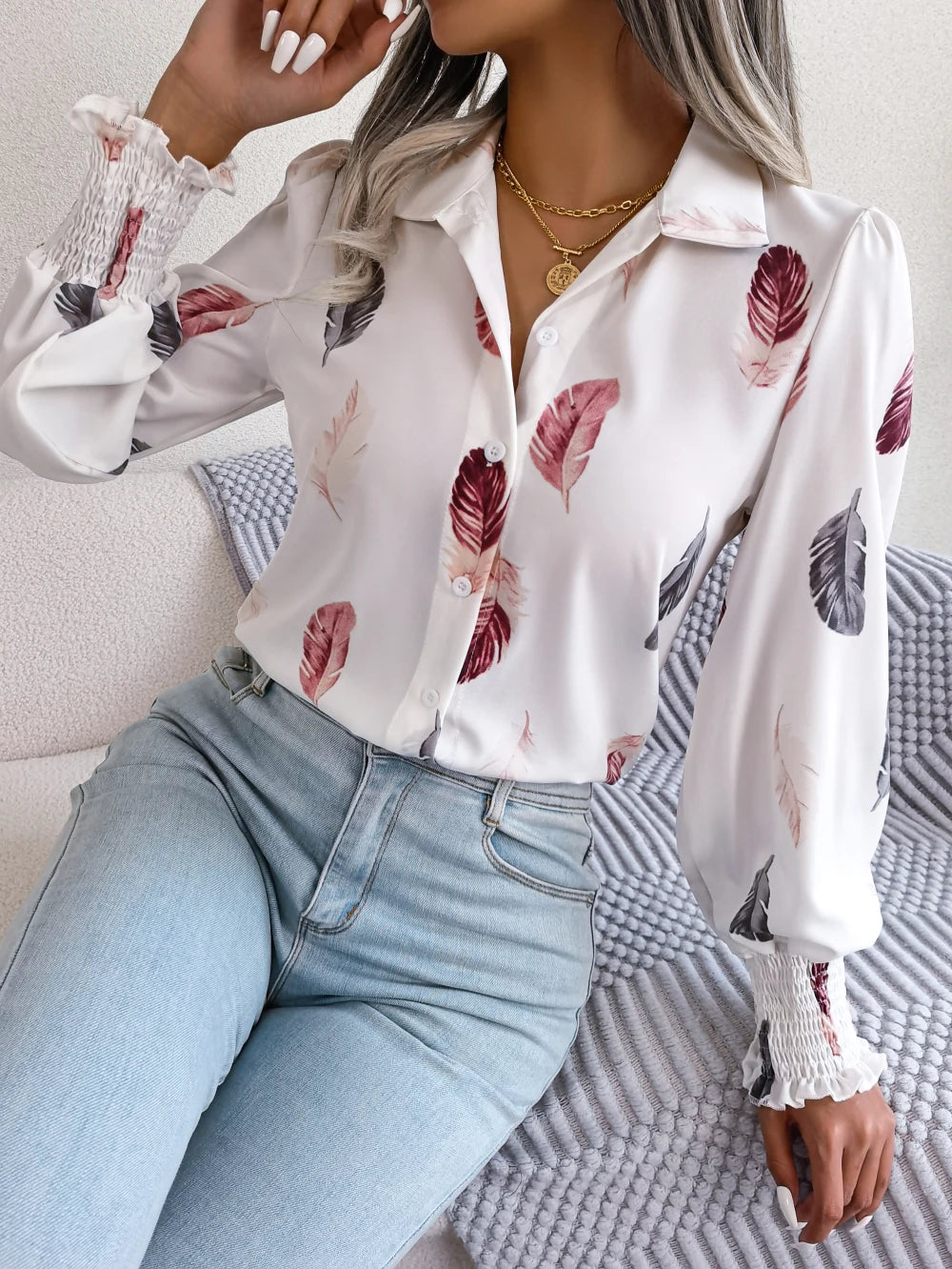 Chemise à manches longues pour femmes avec imprimé plumes 0