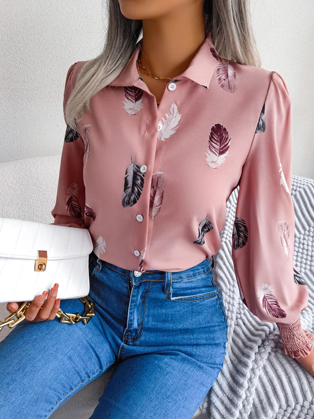Chemise à manches longues pour femmes avec imprimé plumes 2